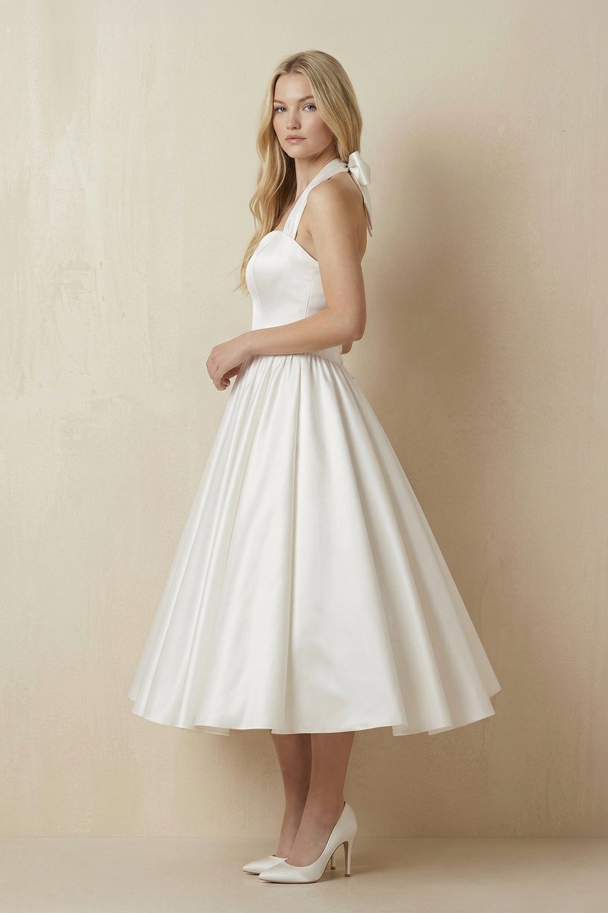 White A-Line Halter Sleeveless Tea Length Satin Bridal Gowns With Bow(s) Pleats