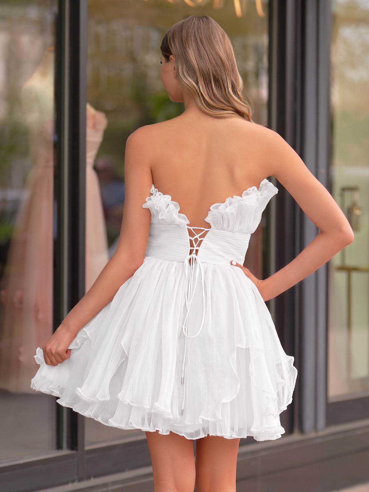 Blue A-Line Strapless Ruffled Short Homecoming Dress