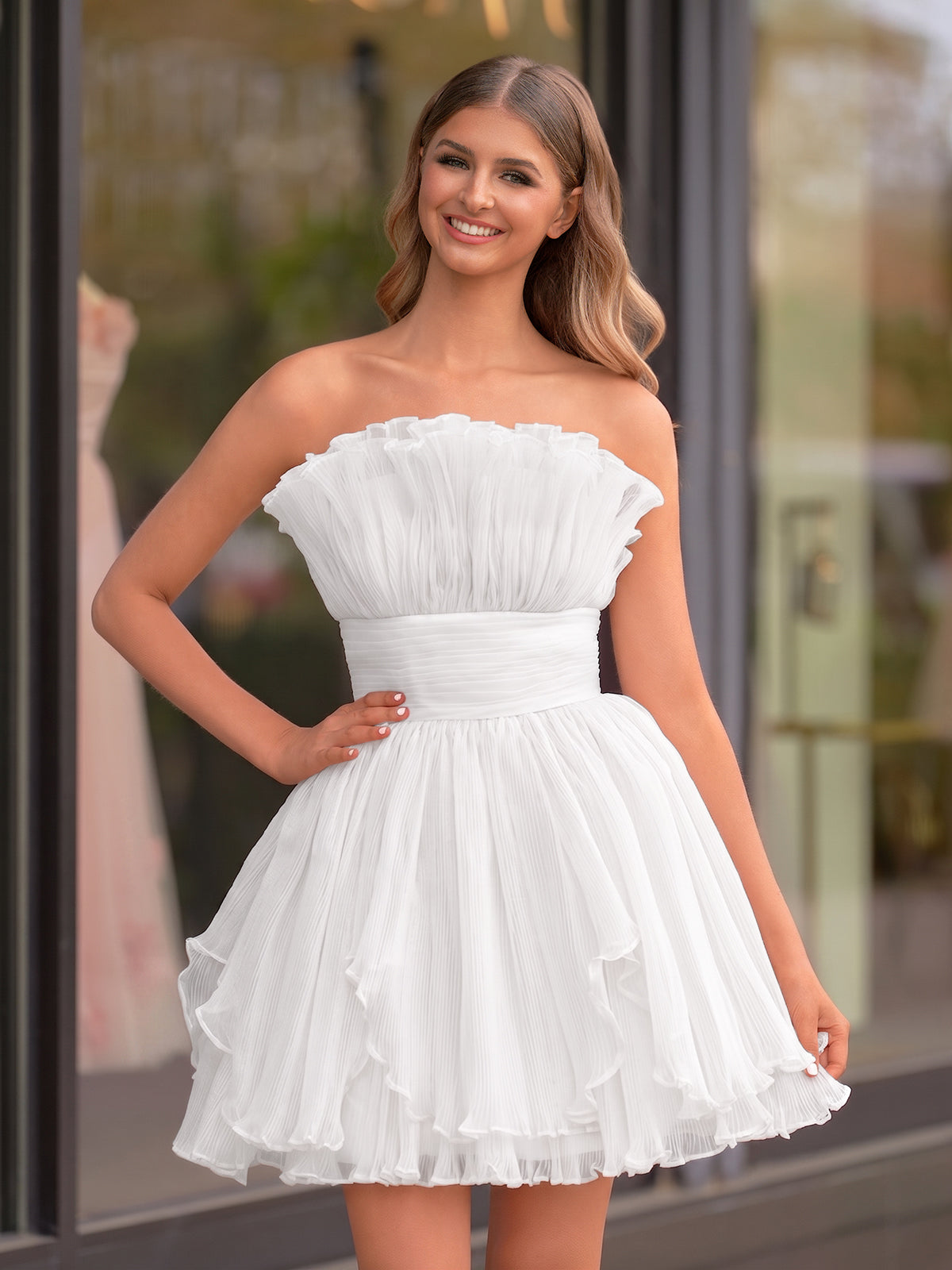 Blue A-Line Strapless Ruffled Short Homecoming Dress