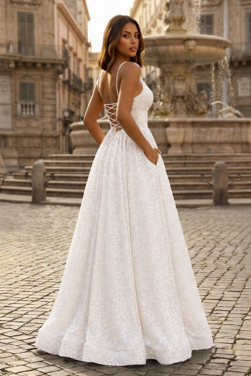 A-line V Neck Sequins Long Prom Dress