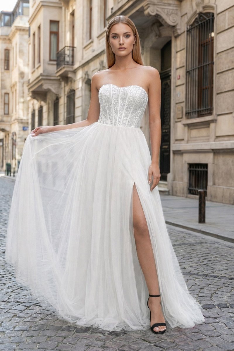 A-Line Sweetheart Beads Empire-Waist Sleeveless Prom Dress With Slit