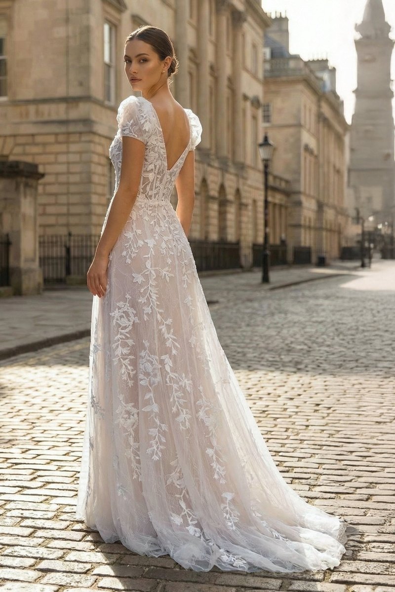 Champagne Appliques Square Neck Puff Sleeves Long Prom Dress