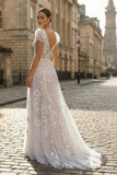 Champagne Appliques Square Neck Puff Sleeves Long Prom Dress