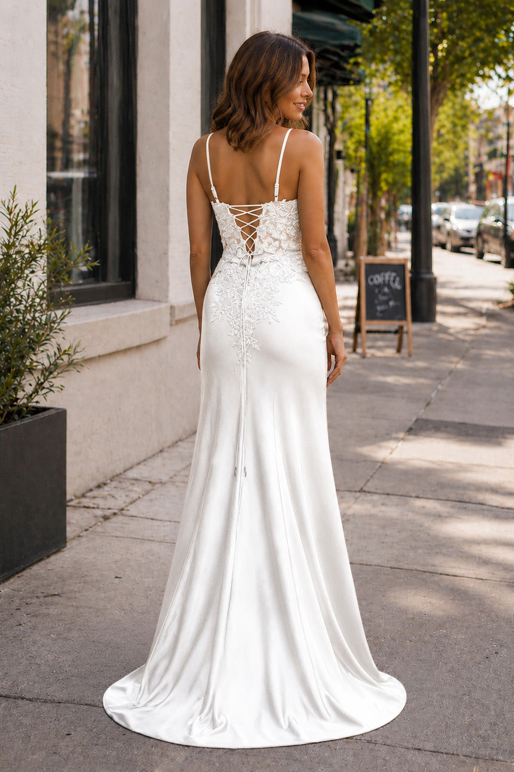 Sheath Spaghetti Straps Black Satin Long Prom Dresses with Lace Appliques