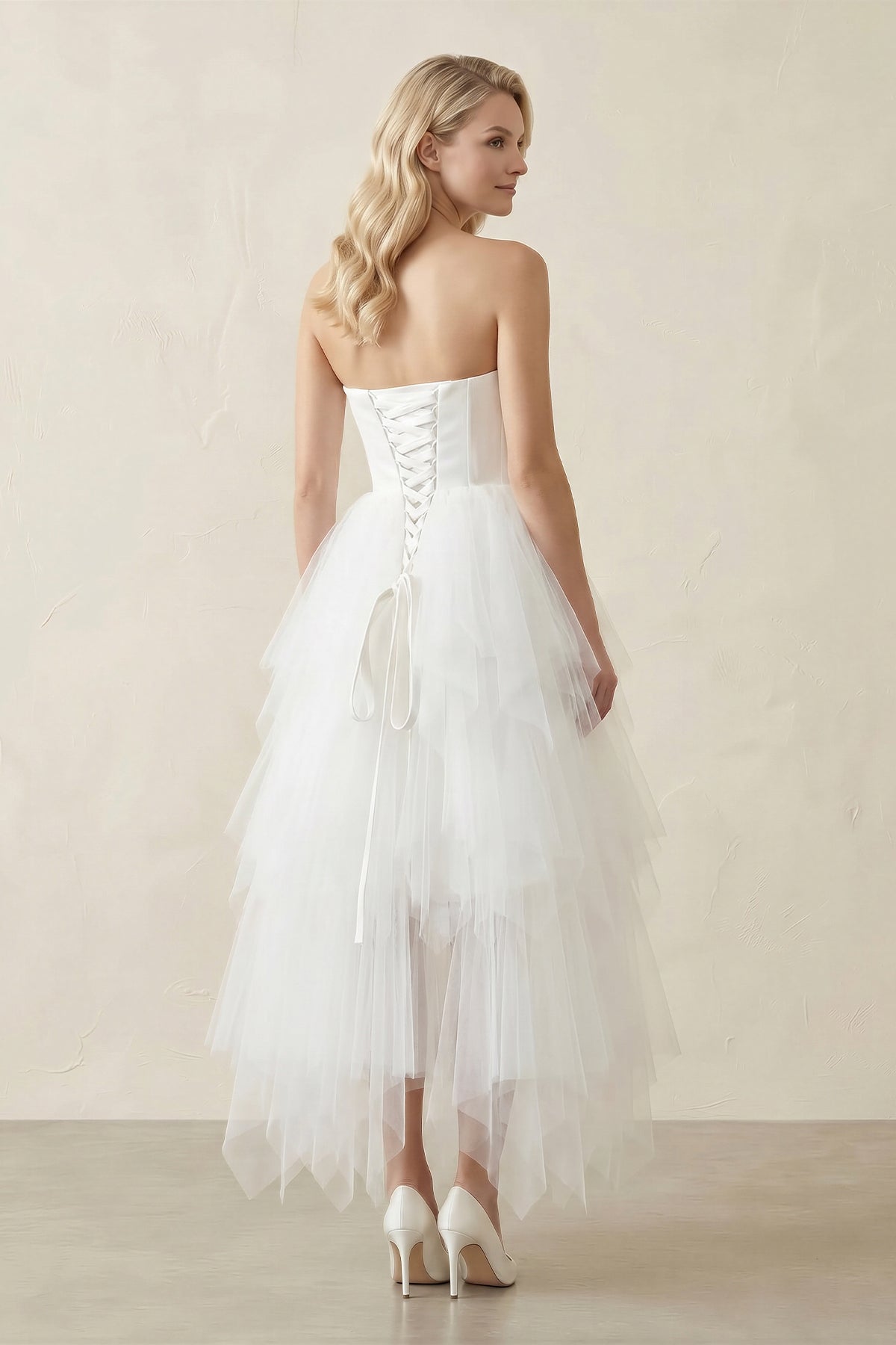 White Classic Strapless Satin High Low Wedding Dress