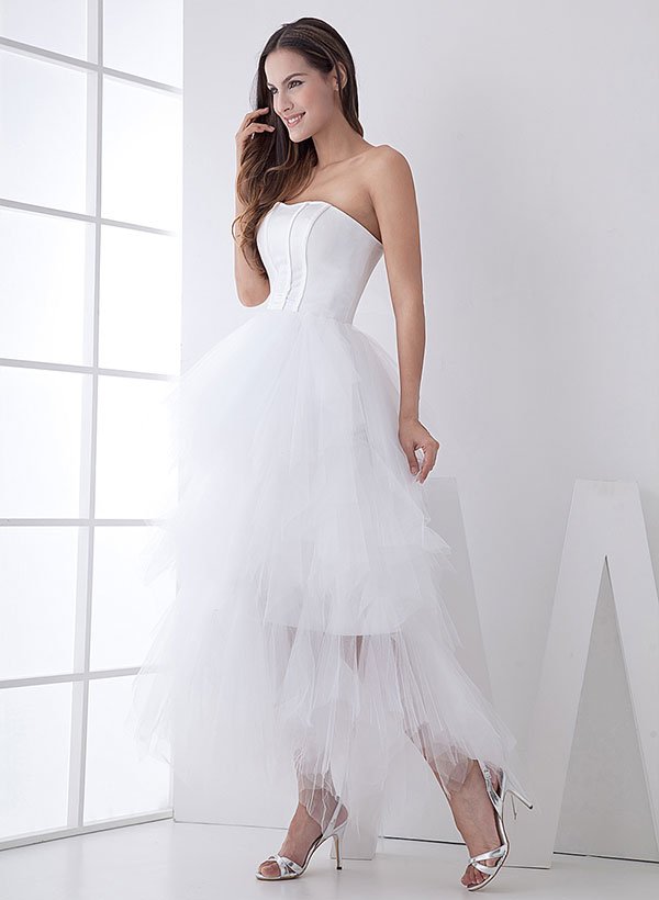 White Classic Strapless Satin High Low Wedding Dress