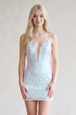White Bodycon Deep V Neck Sequins Mini Party Dresses