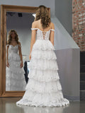 White Princess A Line Off the Shoulder White Corset Prom Dress with Lace Ruffles