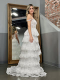 White Princess A Line Off the Shoulder White Corset Prom Dress with Lace Ruffles