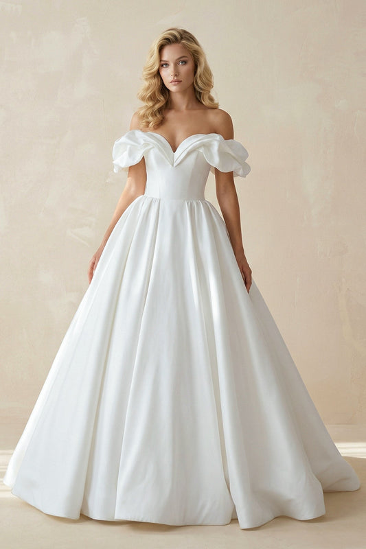 White Puff Off-the-Shoulder Sweeping Long Wedding Dress