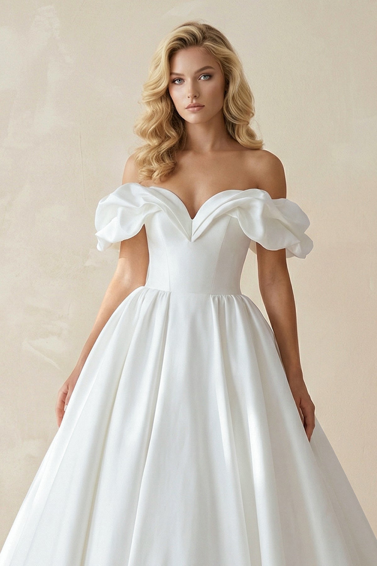 White Puff Off-the-Shoulder Sweeping Long Wedding Dress