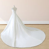 White Satin Cap Sleeve Lace-Up Wedding Dress With Pearls
