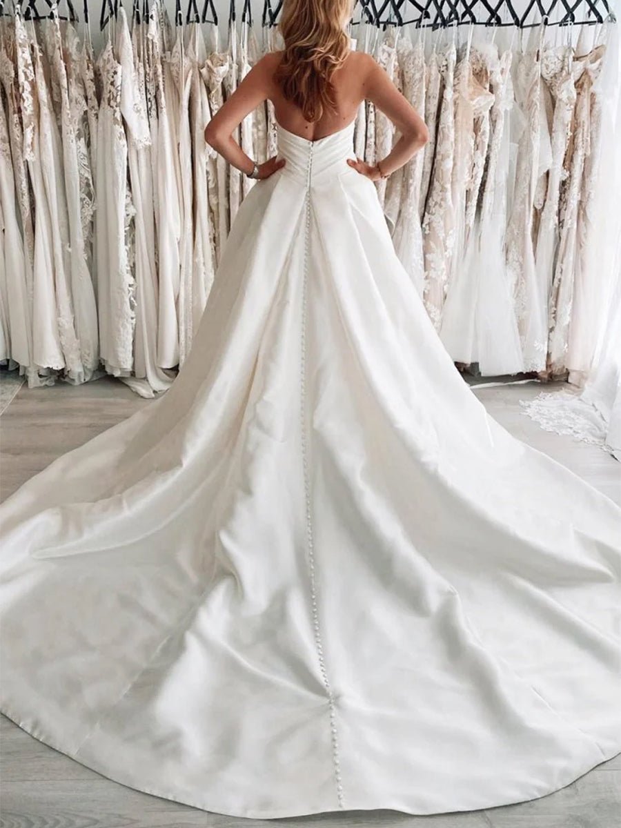 White Satin Long A-Line Wedding Dress with Slit