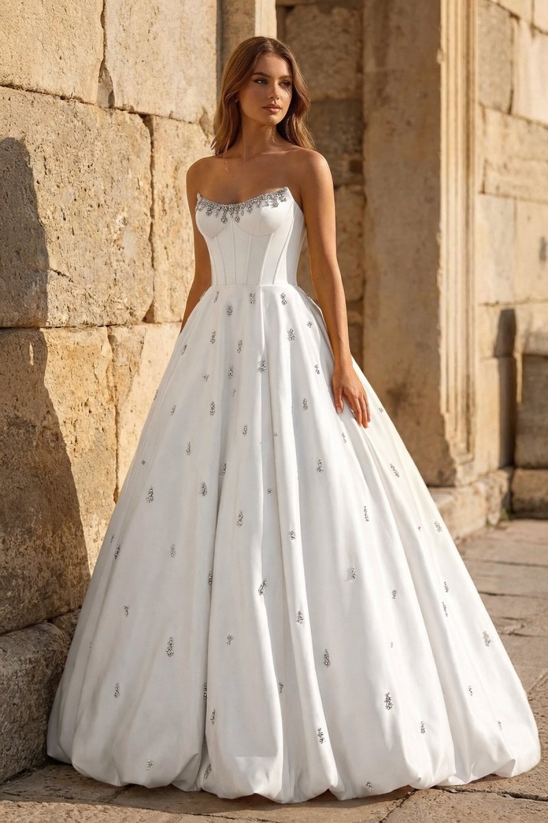 Yellow Strapless A Line Satin Long Prom Dresses With Beading