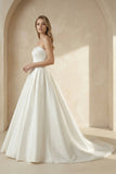 White Strapless Bow-Back Pearls Ball Gown Wedding Dress