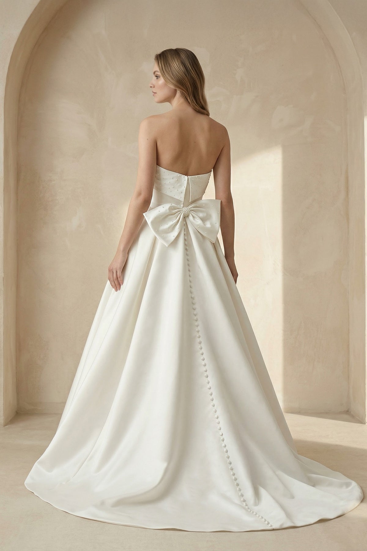 White Strapless Bow-Back Pearls Ball Gown Wedding Dress