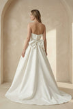 White Strapless Bow-Back Pearls Ball Gown Wedding Dress