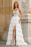 Sky Blue Sweetheart A Line Sequined Lace Ruffled Long Prom Dresses With Appliques