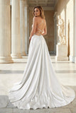 Pink Spaghetti Straps Satin Backless A Line Prom Dress With Pockets