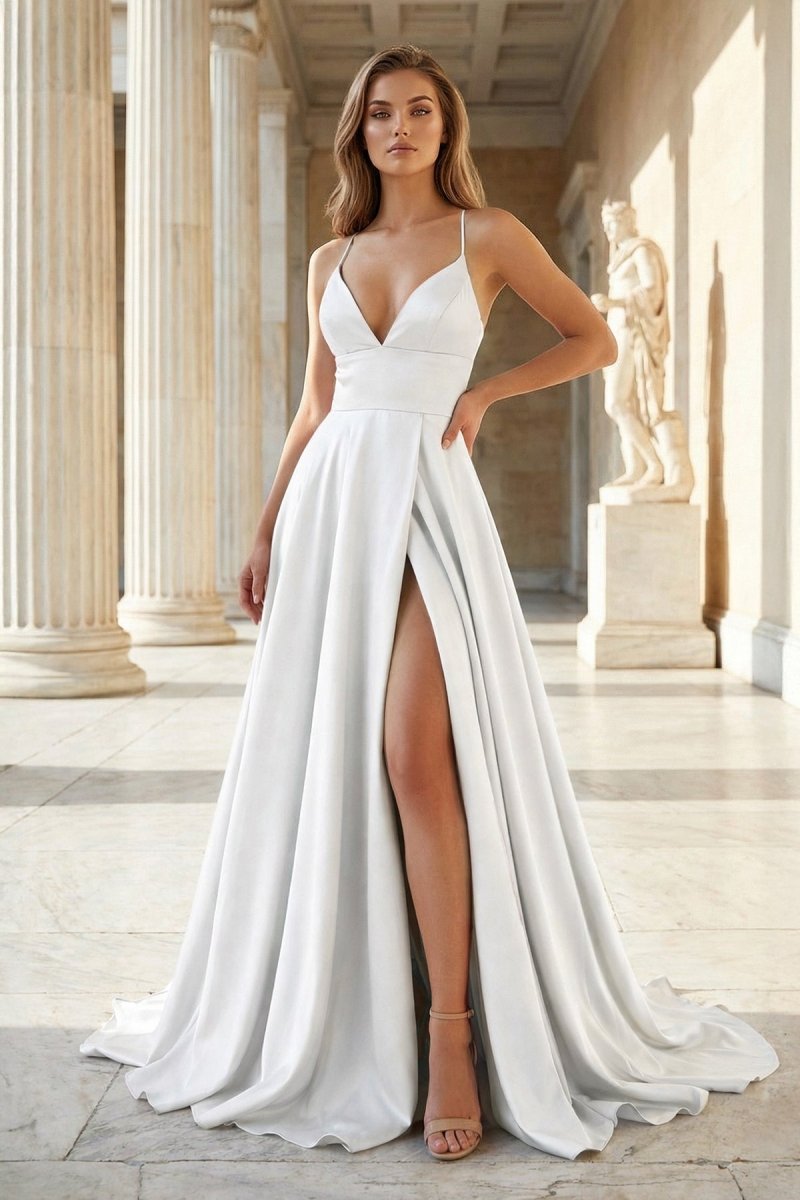 Pink Spaghetti Straps Satin Backless A Line Prom Dress With Pockets