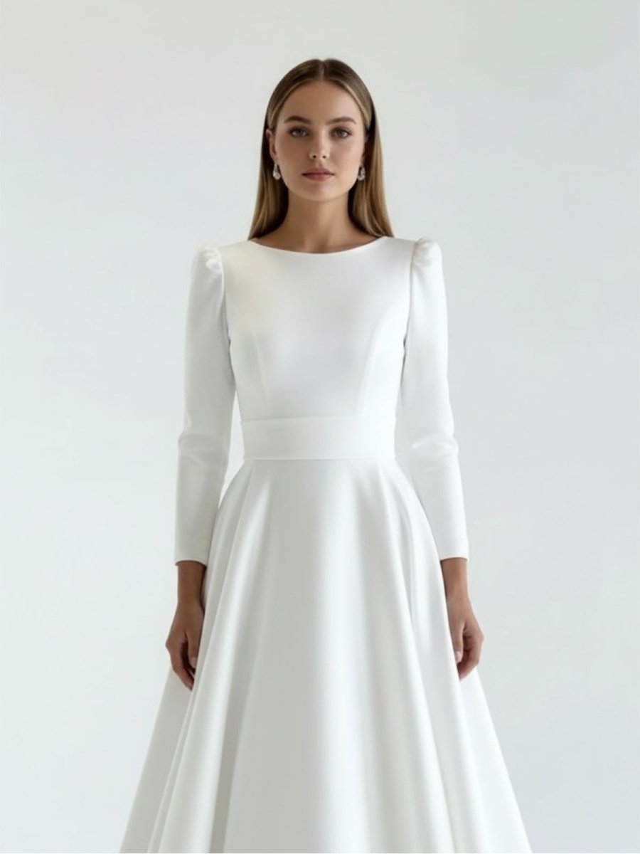 White Vintage A-Line Long Satin Bateau-Neck Wedding Dress