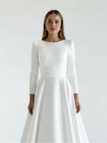 White Vintage A-Line Long Satin Bateau-Neck Wedding Dress