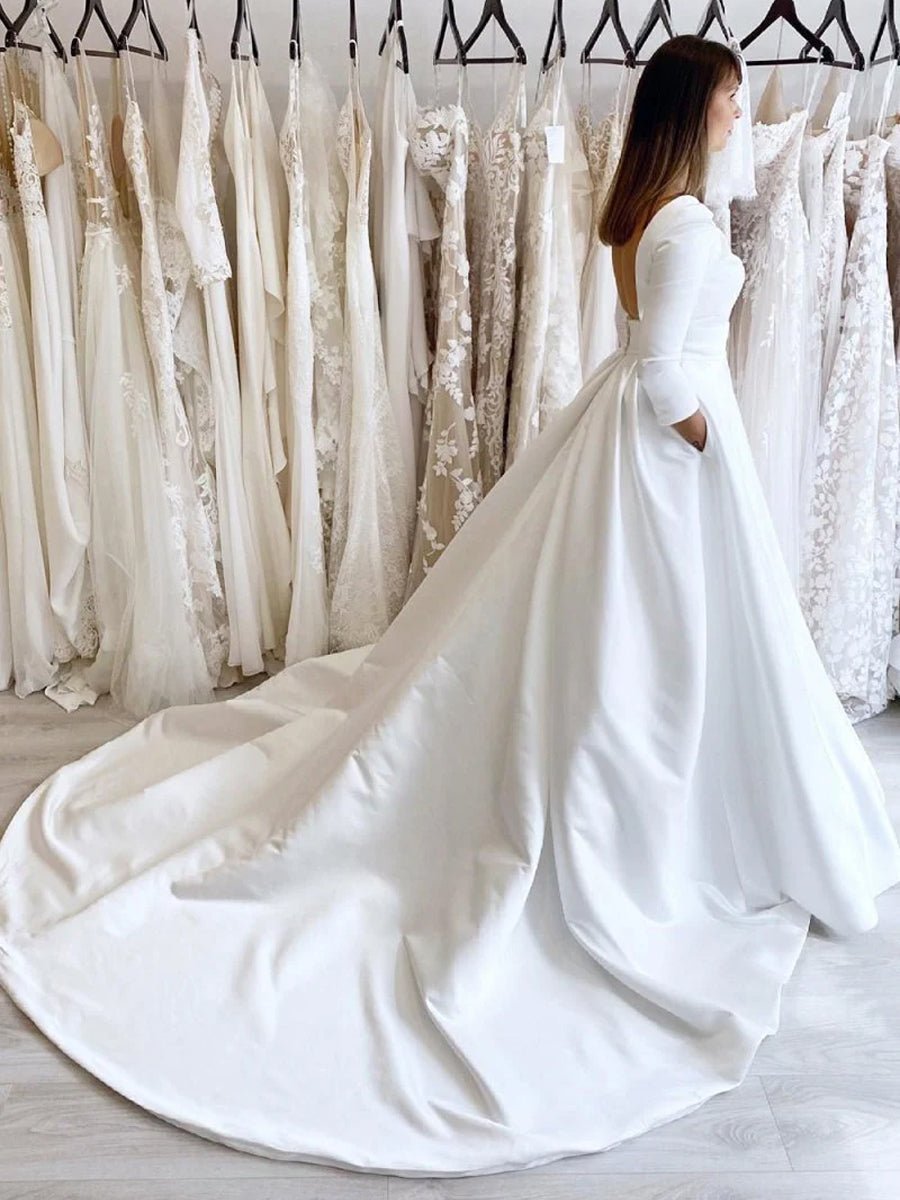 White Vintage A-Line Long Satin Bateau-Neck Wedding Dress