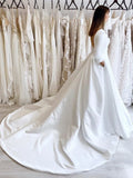 White Vintage A-Line Long Satin Bateau-Neck Wedding Dress