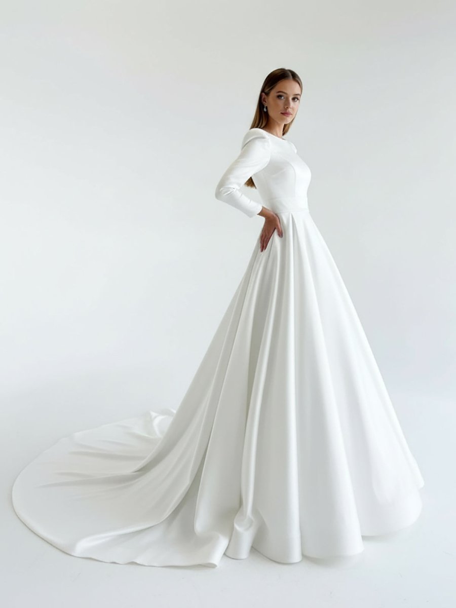White Vintage A-Line Long Satin Bateau-Neck Wedding Dress