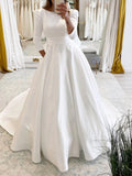 White Vintage A-Line Long Satin Bateau-Neck Wedding Dress