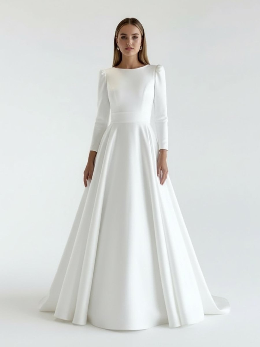 White Vintage A-Line Long Satin Bateau-Neck Wedding Dress