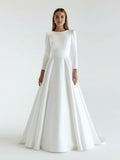 White Vintage A-Line Long Satin Bateau-Neck Wedding Dress