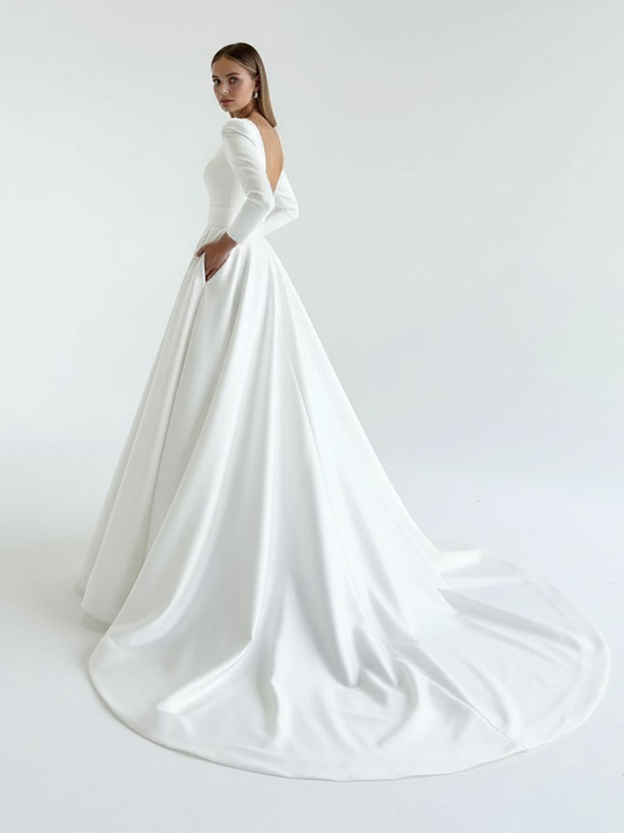 White Vintage A-Line Long Satin Bateau-Neck Wedding Dress