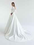 White Vintage A-Line Long Satin Bateau-Neck Wedding Dress