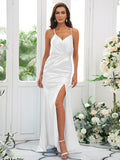 Sheath/Column Silk like Satin Ruched Spaghetti Straps Sleeveless Sweep/Brush Train Bridesmaid Dresses Evening Dress