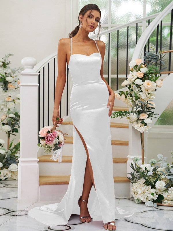 Sheath/Column Silk like Satin Ruched Square Sleeveless Sweep/Brush Train Bridesmaid Dresses Evening Dress