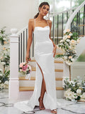 Sheath/Column Silk like Satin Ruched Square Sleeveless Sweep/Brush Train Bridesmaid Dresses Evening Dress