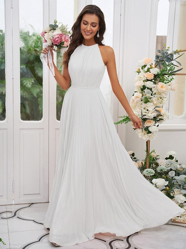 A-Line/Princess Chiffon Ruffles Halter Sleeveless Floor-Length Bridesmaid Dresses Evening Dress
