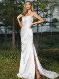 Sheath/Column Silk like Satin Ruched Sweetheart Sleeveless Sweep/Brush Train Bridesmaid Dresses Evening Dress