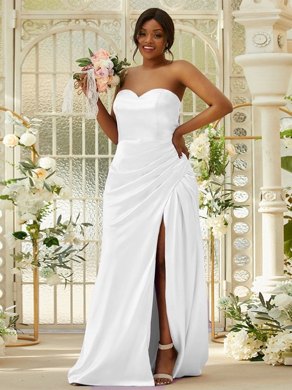 Sheath/Column Silk like Satin Ruched Sweetheart Sleeveless Sweep/Brush Train Bridesmaid Dresses Evening Dress