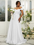 A-Line/Princess Silk like Satin Ruffles Off-the-Shoulder Sleeveless Sweep/Brush Train Bridesmaid Dresses Evening Dress