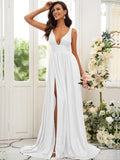 Vestido de dama de honor de corte A/princesa, jersey con volantes, escote en V, sin mangas, cola larga, para invitada de boda