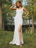 Sheath/Column Jersey Ruffles Straps Sleeveless Sweep/Brush Train Bridesmaid Dresses Evening Dress
