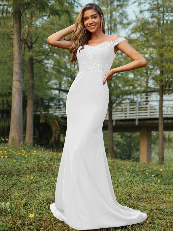 Sheath/Column Stretch Crepe Applique Off-the-Shoulder Sleeveless Sweep/Brush Train Bridesmaid Dresses Evening Dress