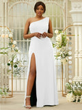 Sheath/Column Jersey Ruffles One-Shoulder Sleeveless Sweep/Brush Train Bridesmaid Dresses Evening Dress