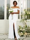Sheath/Column Jersey Ruffles Off-the-Shoulder Sleeveless Sweep/Brush Train Bridesmaid Dresses Evening Dress