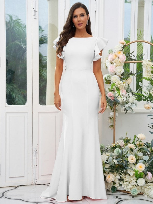Sheath/Column Stretch Crepe Ruffles Scoop Short Sleeves Sweep/Brush Train Bridesmaid Dresses Evening Dress