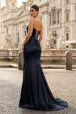 Royal Blue Strapless Satin Mermaid Prom Dress With Split