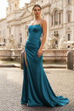 Royal Blue Strapless Satin Mermaid Prom Dress With Split