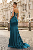 Royal Blue Strapless Satin Mermaid Prom Dress With Split